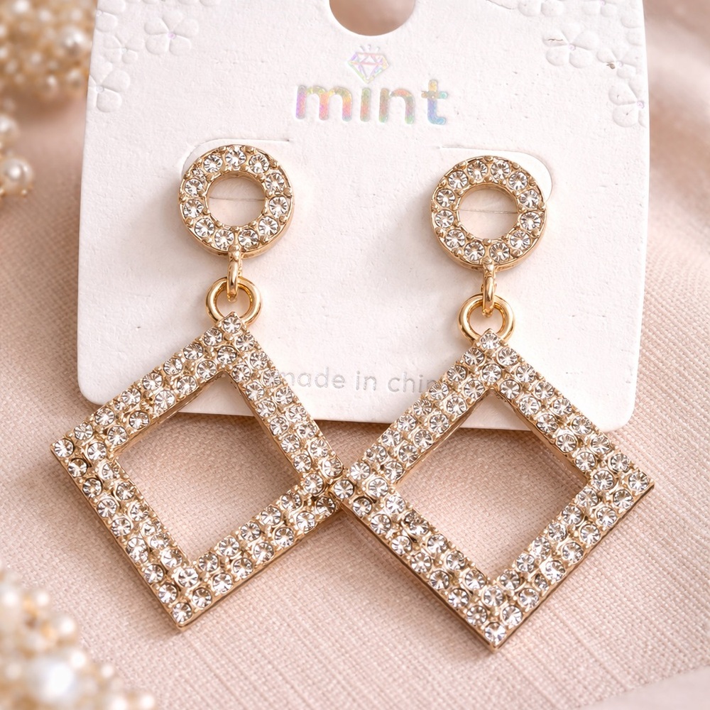 Mint Gold Crystal Open-Square Drop Earrings